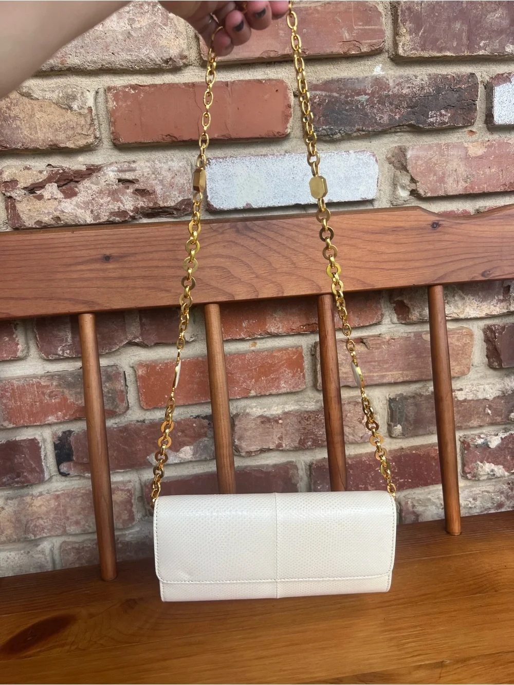 Vintage Ivory Snakeskin Embossed Leather Crossbody Clutch w/ Gold Jeweled Chain